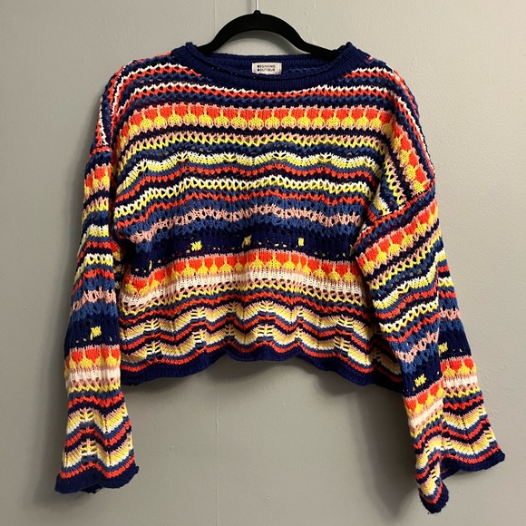 Crochet Knit Bell Sleeve Cropped Sweater - Picture 2 of 5